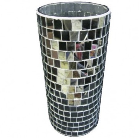 Βάζο γυάλινο διακοσμητικό επιτραπέζιο 16εκ x ύψος 40εκ σε ασημί χρώμα με ψηφιδωτό σχεδιασμό με καθρεφτάκια