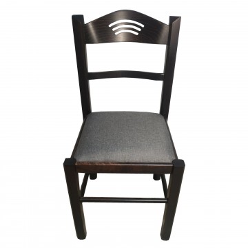 Καρέκλα τραπεζαρίας Κ72 ξύλινη καρυδιά σκούρο με γκρι κάθισμα και σχέδιο στην πλάτη