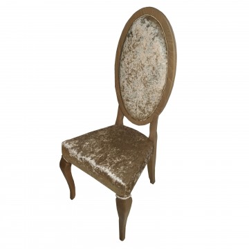 Καρέκλα τραπεζαρίας Κ102 από μασίφ ξύλο οξιάς χρώματος γκρι ελιάς  με οβάλ πλάτη και μπεζ ύφασμα