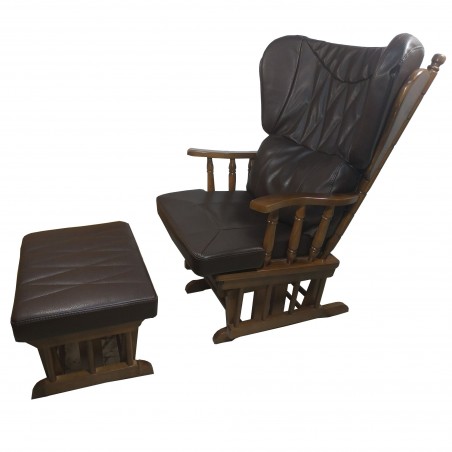 Πολυθρόνα κουνιστή ξύλινη Αμαλία με υποπόδιο κουνιστό χρώματος καρυδιά με μαξιλάρι από καφέ τεχνοδερμα 65x80x106εκ