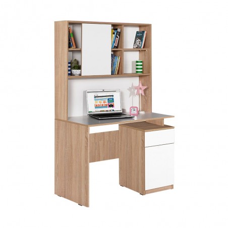 Γραφείο με βιβλιοθήκη με συρόμενο πορτάκι φυσικό sonoma και λευκό 105x56x170 με συρτάρι και ντουλάπι