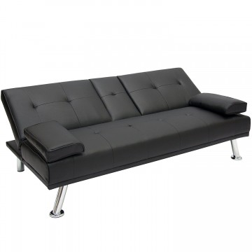 Καναπές κρεβάτι μαύρος με επένδυση PU και ενσωματωμένο μπράτσο ξεκούρασης που καταλήγει σε δυο ποτηροθηκες Μ.180xΒ.80xY74cm
