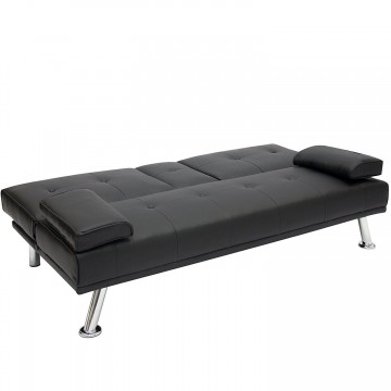 Καναπές κρεβάτι μαύρος με επένδυση PU και ενσωματωμένο μπράτσο ξεκούρασης που καταλήγει σε δυο ποτηροθηκες Μ.180xΒ.80xY74cm