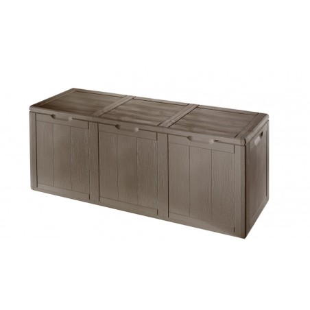 Μπαούλο πλαστικό σε cappuccino χρώμα 270 λίτρων με wood finish σχέδιο για μαξιλάρια και παιδικά παιχνίδια 118*44,5*51εκ.