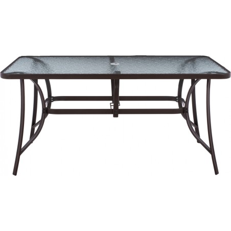 Τραπέζι εξωτερικού χώρου μεταλλικό σε χρώμα καφέ σφυρήλατο με τζάμι ασφάλειας με τρύπα για ομπρέλα 120*80*72εκ