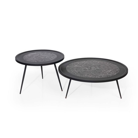 Τραπέζι σαλονιού σετ 2τεμ Omega ξύλο MDF μαύρη λάκα με γκρι ανάγλυφο σχέδιο βαφή με μεταλλικά πόδια 90x90x41εκ