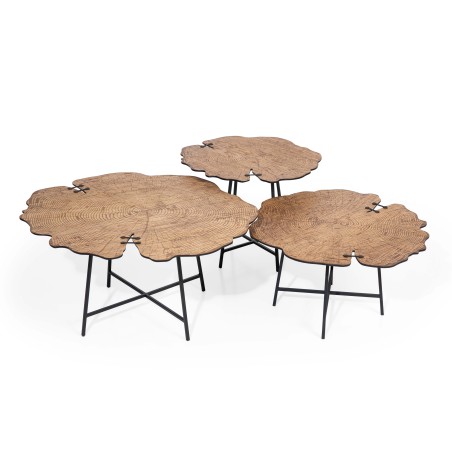 Βοηθητικά τραπέζια σαλονιού Olea σετ 3τεμ από ξύλο οξιάς ανάγλυφα με μεταλλικά πόδια διασ.80x75x39cm