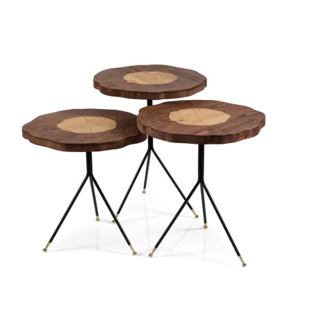 Βοηθητικά τραπέζια σαλονιού σετ 3τεμ Rio από ξύλο καρυδιάς με μεταλλικά πόδια με χρυσές λεπτομέρειες 42x42x57εκ