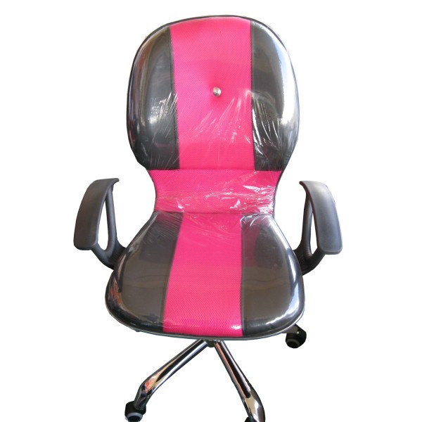 Παιδική καρέκλα γραφείου ροζ με μαύρο κουμπί με μπράτσα με διάτρητο ύφασμα με τεχνοδερμα και μεταλλική τροχήλατη βάση 70x50x90εκ