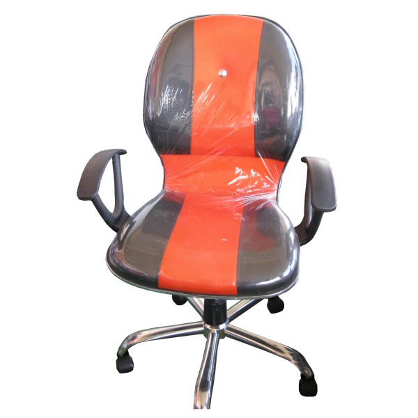 Παιδική καρέκλα γραφείου πορτοκαλί με μαύρο κουμπί με μπράτσα διάτρητο ύφασμα τεχνοδερμα μεταλλική τροχήλατη βάση 70x50x90εκ