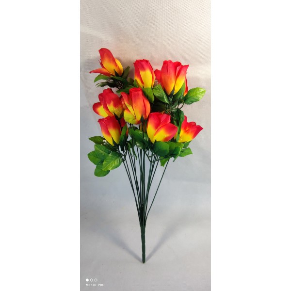 Μπουκέτο από τεχνητά άνθη τριαντάφυλλο 18 κλαδιών κίτρινο πορτοκάλι με πρασινάδα  53cmx25cm