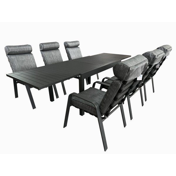 Σετ τραπεζαρία 7 τεμ με επεκτεινόμενο τραπέζι από αλουμίνιο σε χρώμα γκρι ανθρακι πολυθρόνες με μαξιλάρια  135/270x90x72εκ