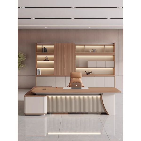 Executive Διευθυντικό Γραφείο Καρυδί με Μπεζ 200x90x75cm με Συρτάρια & Ντουλάπι με Κλειδαριές, Φόρτιση Κινητού 26ET40S