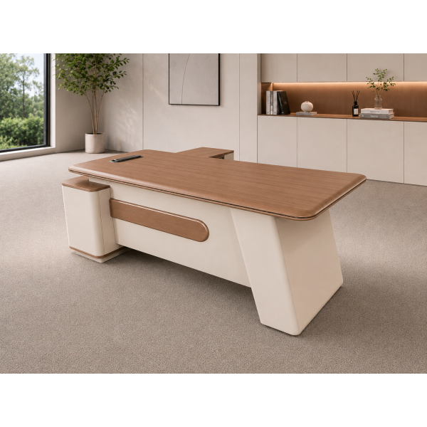 Executive Διευθυντικό Γραφείο Καρυδί με Μπεζ 180x80x75cm με Κλειδαριές Φόρτιση Κινητού & Βοηθητικό Ντουλάπι 26ET50S