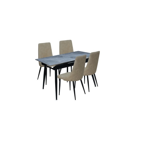 Σετ Τραπεζαρίας 5 Τεμαχίων T2504 + C26132-tall – Κεραμικό Τραπέζι Γκρι 120–160×80 εκ. & 4 Μπεζ Καρέκλες με Ψηλή Πλάτη